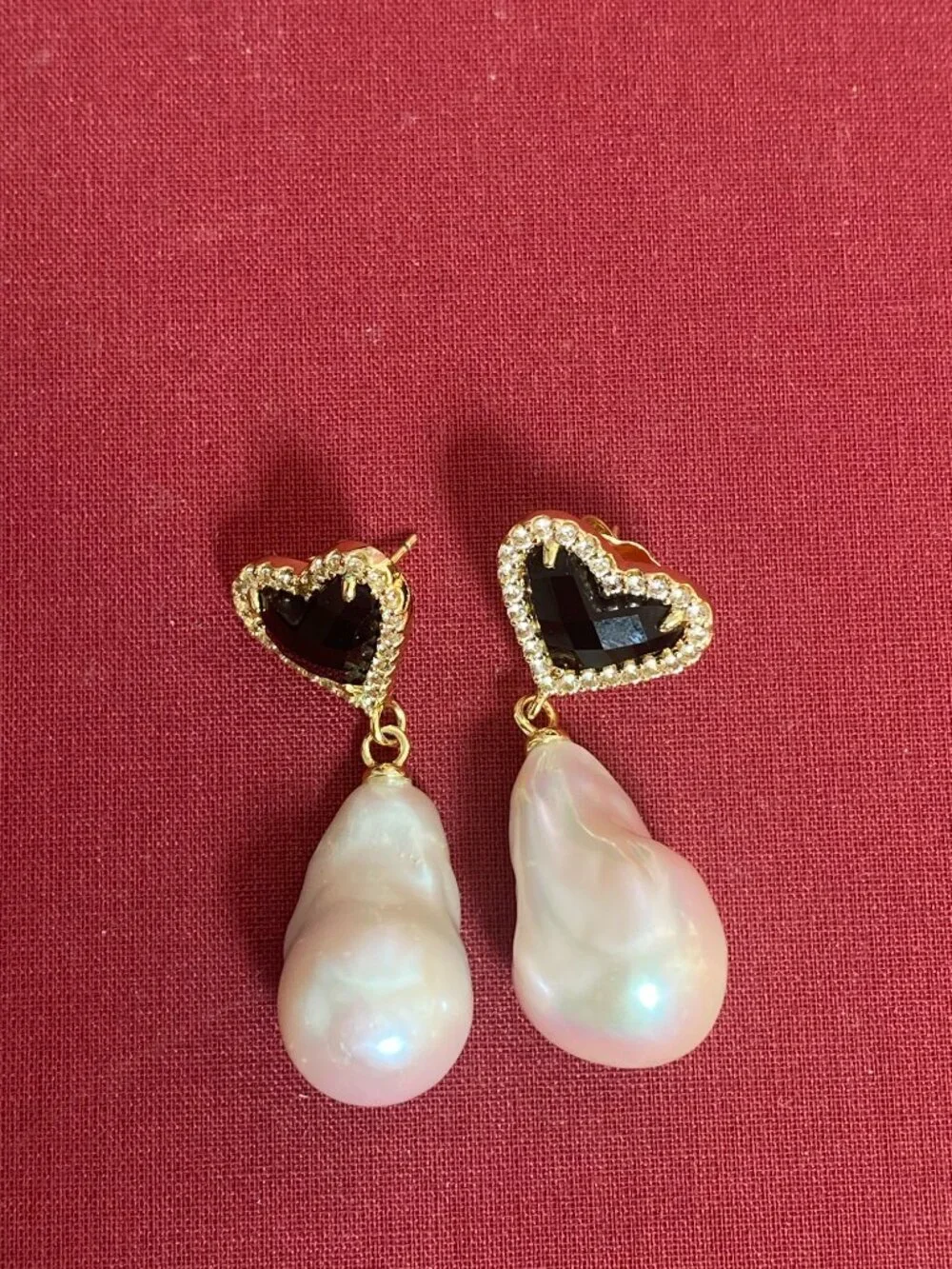 Vintage-Inspired Pearl Drop Earrings W/ Onyx Heart Gemstone from F+H Studios